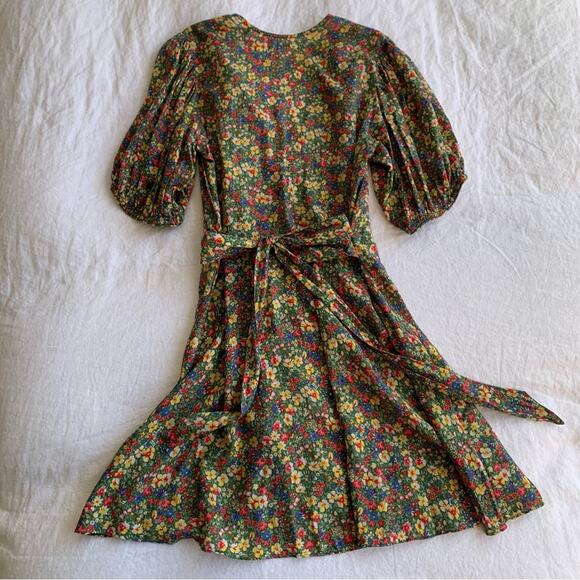 Doen Emilia Cotton V Neck Tie Short Puff Sleeve Mini Dress Green Valley Floral - Picture 13 of 16
